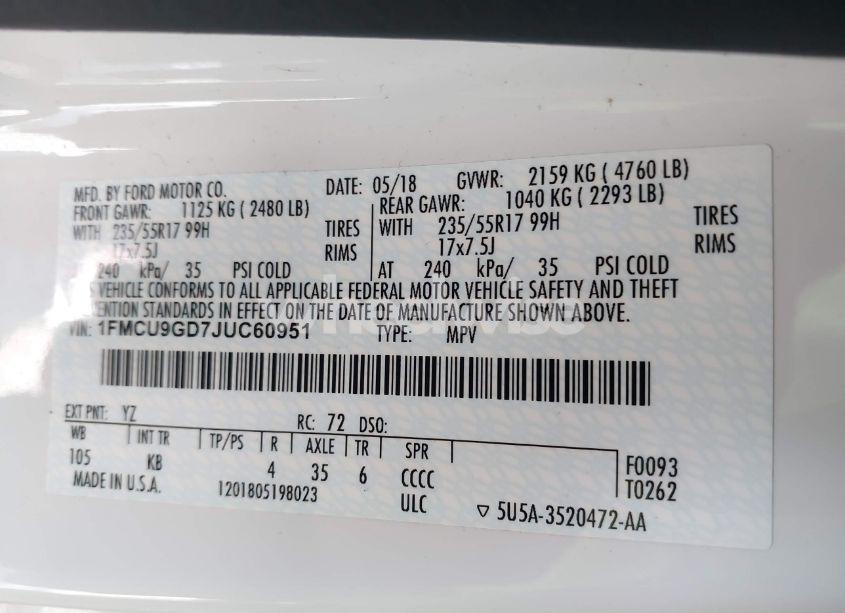 Photo 9 of 2018 Ford Escape SE (VIN 1FMCU9GD7JUC60951)