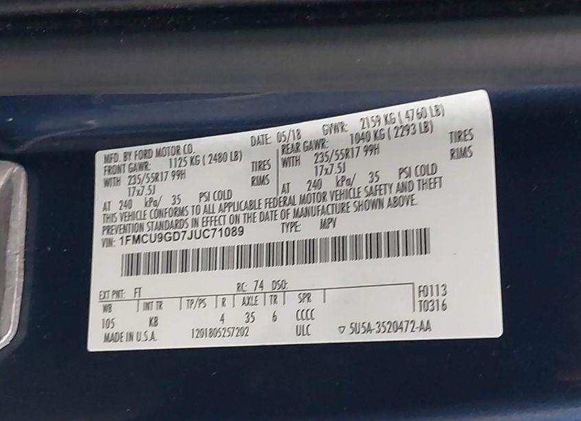 Photo 9 of 2018 Ford Escape SE (VIN 1FMCU9GD7JUC71089)