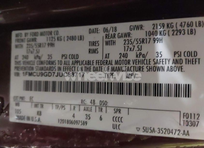 Photo 9 of 2018 Ford Escape SE (VIN 1FMCU9GD7JUC88717)