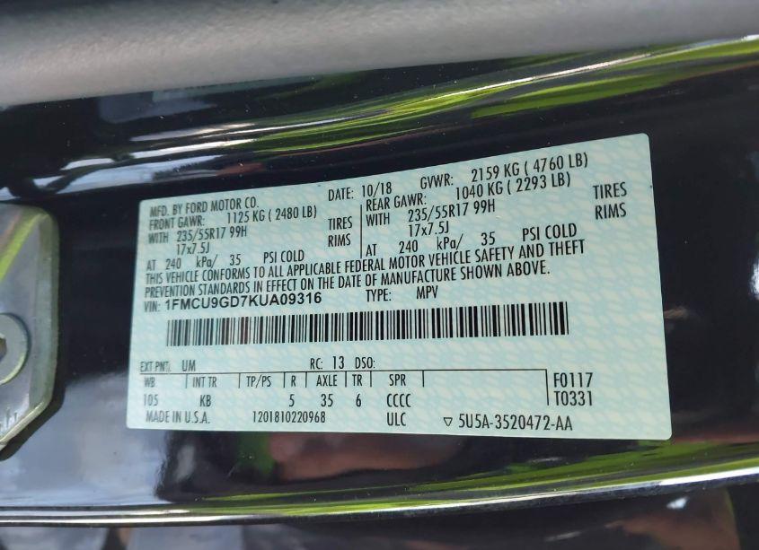 Photo 9 of 2019 Ford Escape SE (VIN 1FMCU9GD7KUA09316)