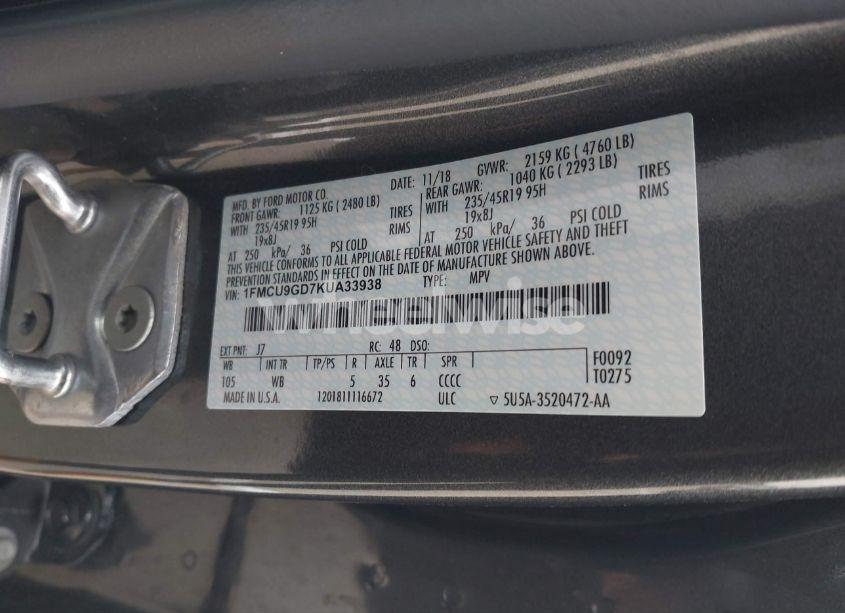 Photo 9 of 2019 Ford Escape SE (VIN 1FMCU9GD7KUA33938)