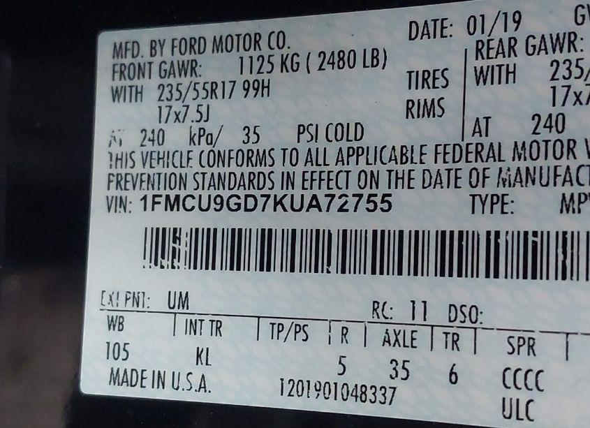 Photo 9 of 2019 Ford Escape SE (VIN 1FMCU9GD7KUA72755)