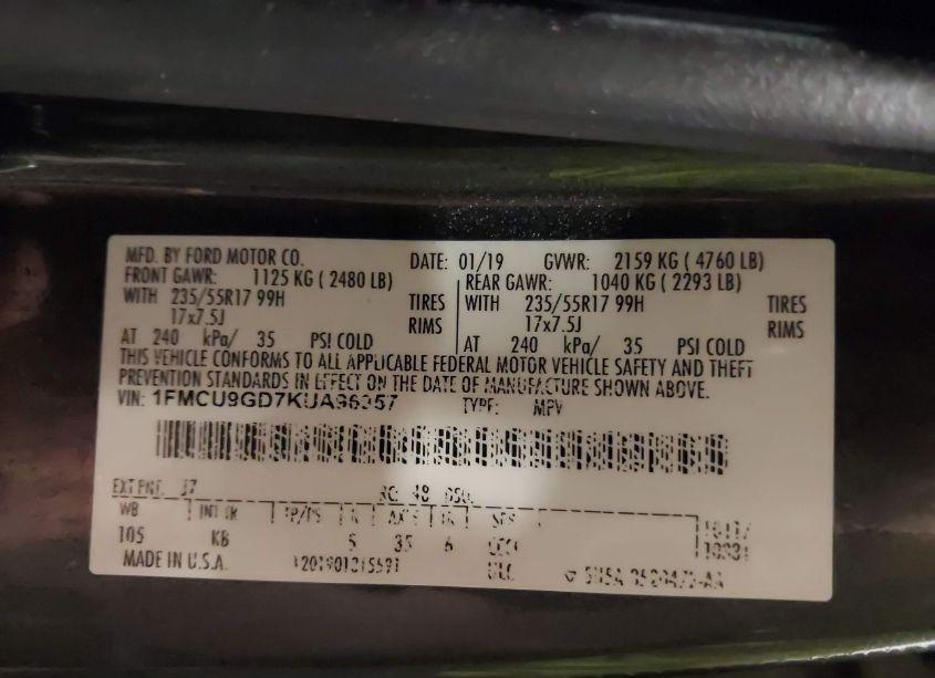 Photo 9 of 2019 Ford Escape SE (VIN 1FMCU9GD7KUA96957)