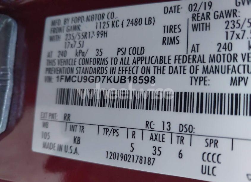 Photo 9 of 2019 Ford Escape SE (VIN 1FMCU9GD7KUB18598)