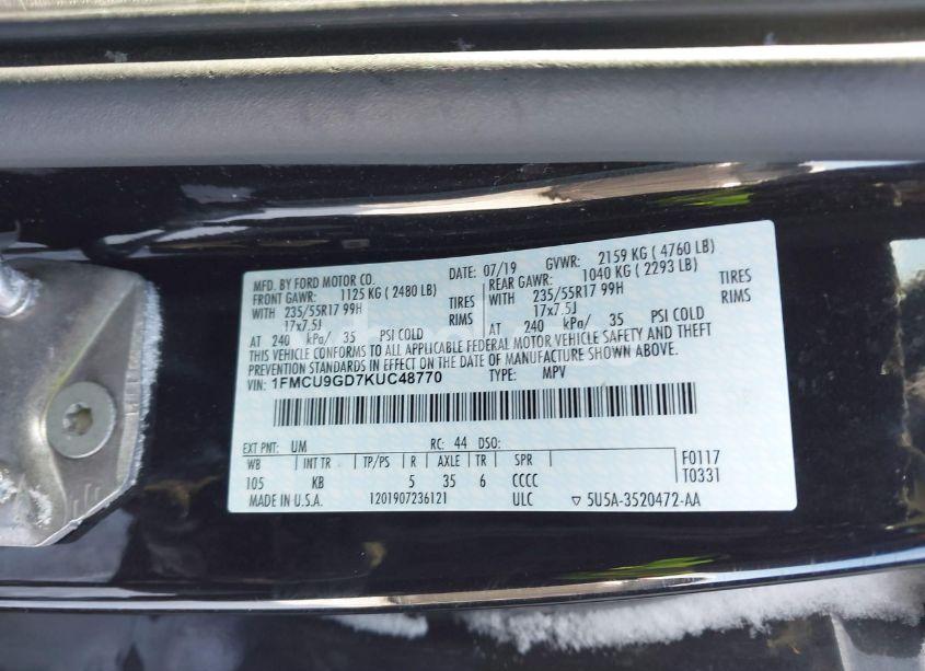 Photo 9 of 2019 Ford Escape SE (VIN 1FMCU9GD7KUC48770)