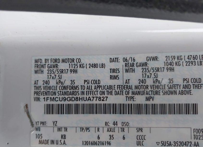 Photo 9 of 2017 Ford Escape SE (VIN 1FMCU9GD8HUA77827)