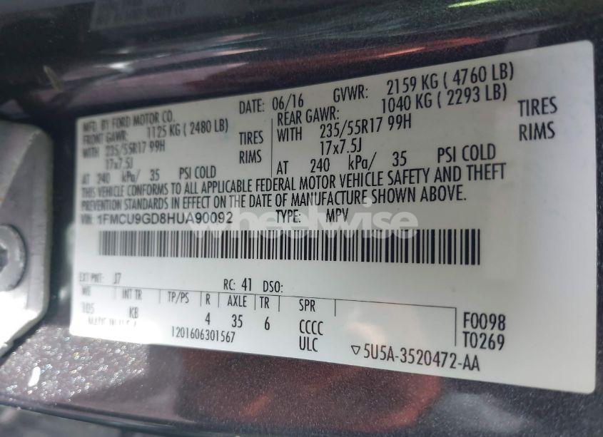 Photo 9 of 2017 Ford Escape SE (VIN 1FMCU9GD8HUA90092)