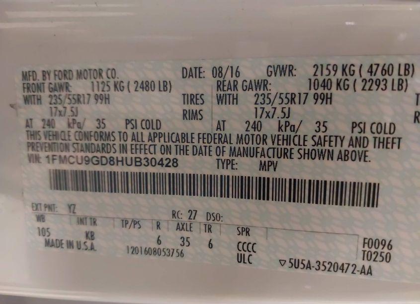 Photo 9 of 2017 Ford Escape SE (VIN 1FMCU9GD8HUB30428)