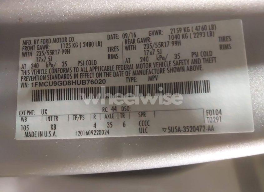 Photo 9 of 2017 Ford Escape SE (VIN 1FMCU9GD8HUB76020)