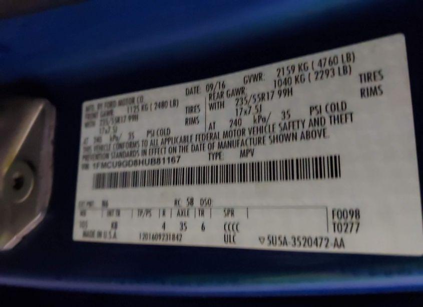 Photo 9 of 2017 Ford Escape SE (VIN 1FMCU9GD8HUB81167)