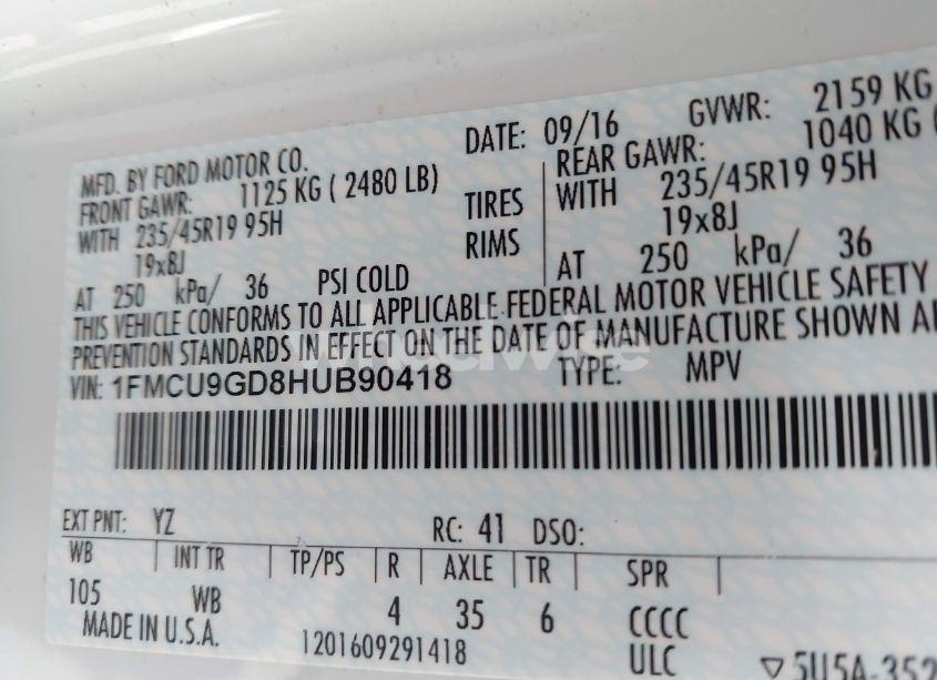 Photo 9 of 2017 Ford Escape SE (VIN 1FMCU9GD8HUB90418)