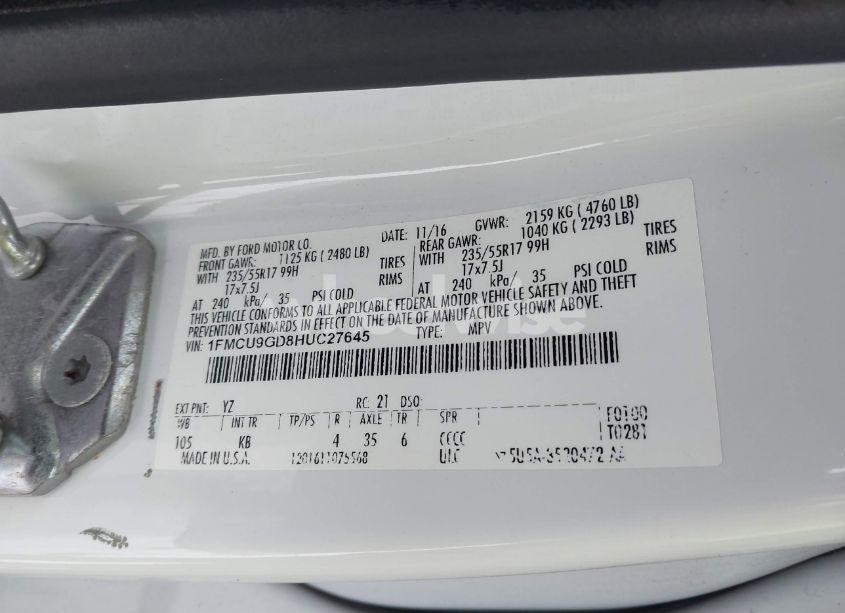 Photo 9 of 2017 Ford Escape SE (VIN 1FMCU9GD8HUC27645)