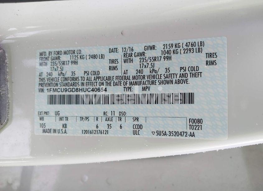 Photo 9 of 2017 Ford Escape SE (VIN 1FMCU9GD8HUC40654)