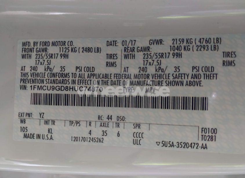 Photo 9 of 2017 Ford Escape SE (VIN 1FMCU9GD8HUC74870)