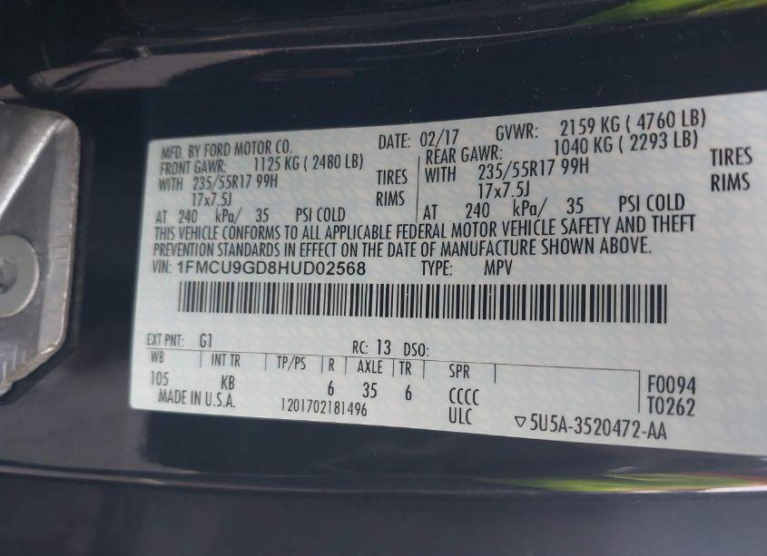 Photo 9 of 2017 Ford Escape SE (VIN 1FMCU9GD8HUD02568)