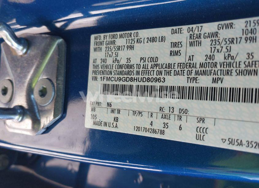 Photo 9 of 2017 Ford Escape SE (VIN 1FMCU9GD8HUD80963)