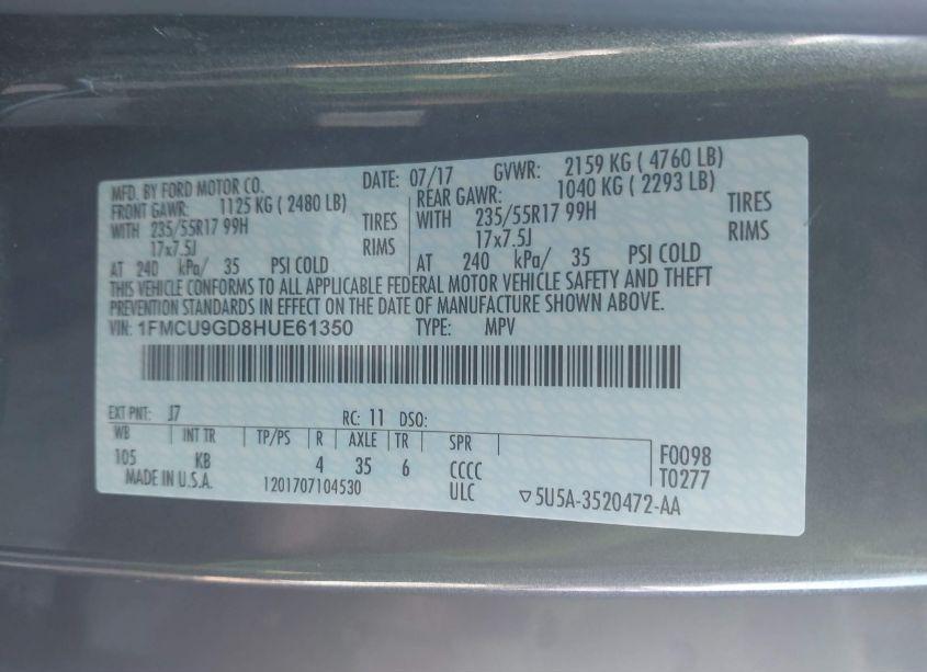 Photo 9 of 2017 Ford Escape SE (VIN 1FMCU9GD8HUE61350)