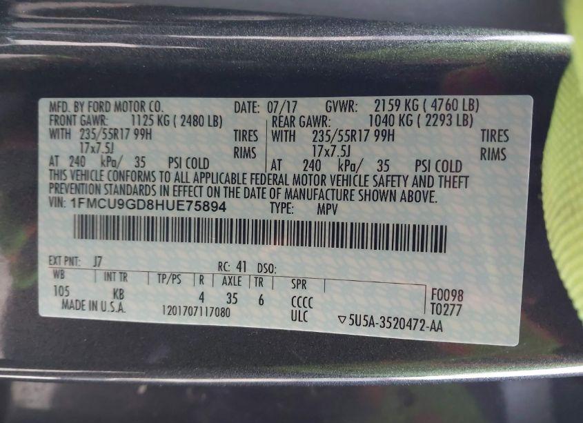 Photo 9 of 2017 Ford Escape SE (VIN 1FMCU9GD8HUE75894)