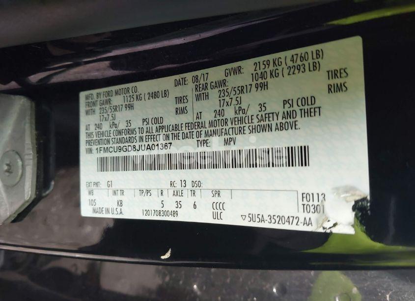 Photo 9 of 2018 Ford Escape SE (VIN 1FMCU9GD8JUA01367)