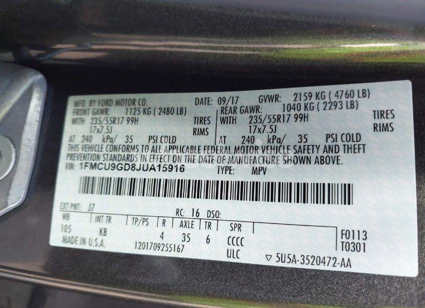 Photo 9 of 2018 Ford Escape SE (VIN 1FMCU9GD8JUA15916)