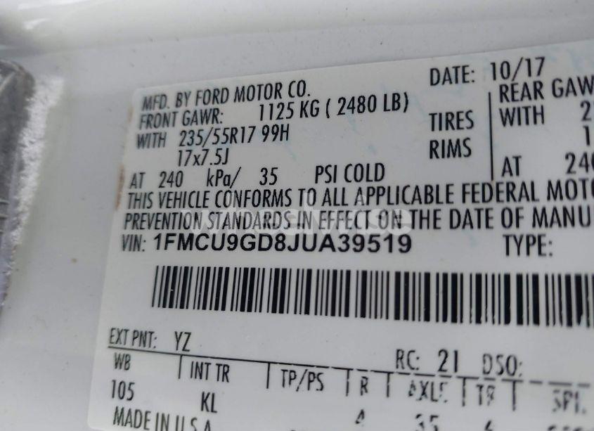 Photo 9 of 2018 Ford Escape SE (VIN 1FMCU9GD8JUA39519)