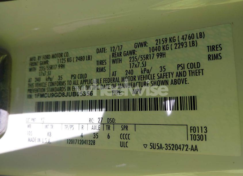 Photo 9 of 2018 Ford Escape SE (VIN 1FMCU9GD8JUB05356)