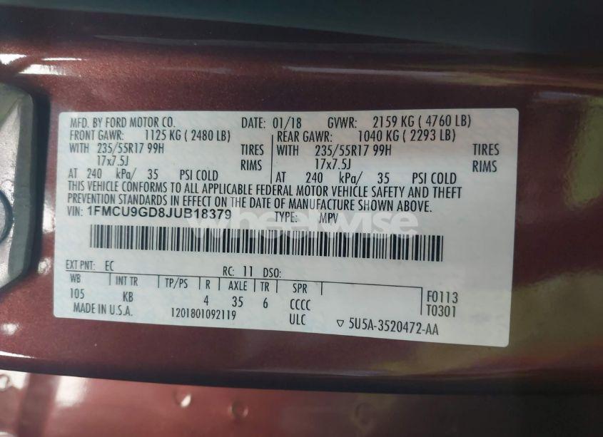 Photo 9 of 2018 Ford Escape SE (VIN 1FMCU9GD8JUB18379)