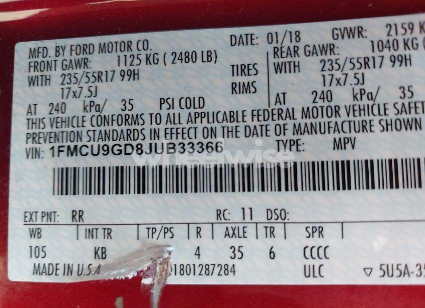 Photo 9 of 2018 Ford Escape SE (VIN 1FMCU9GD8JUB33366)