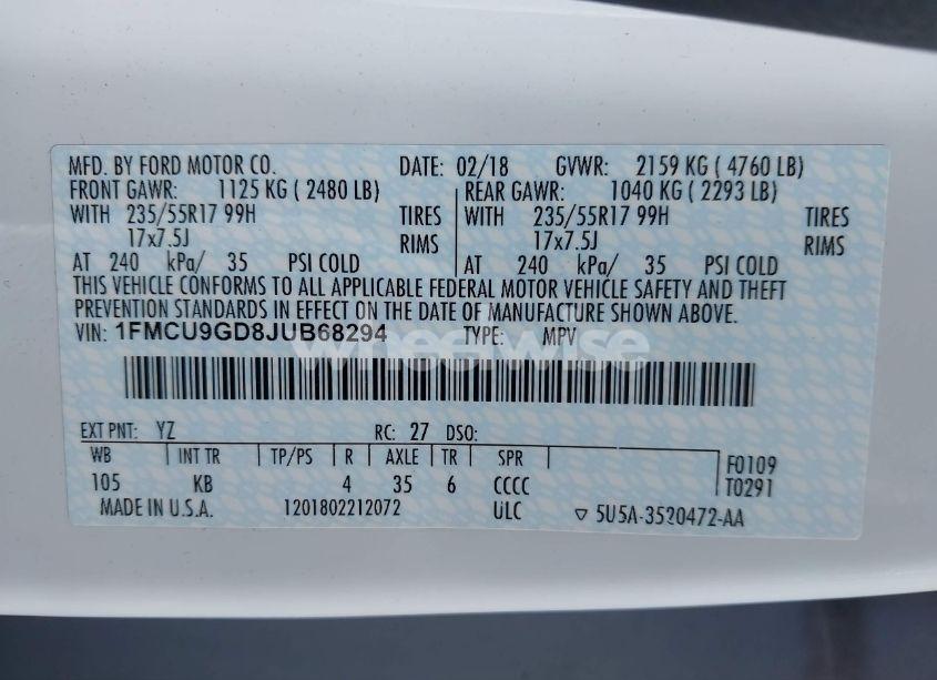 Photo 9 of 2018 Ford Escape SE (VIN 1FMCU9GD8JUB68294)