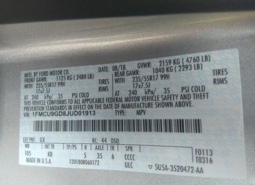 Photo 9 of 2018 Ford Escape SE (VIN 1FMCU9GD8JUD01913)