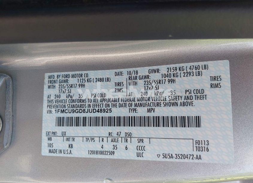 Photo 9 of 2018 Ford Escape SE (VIN 1FMCU9GD8JUD48925)