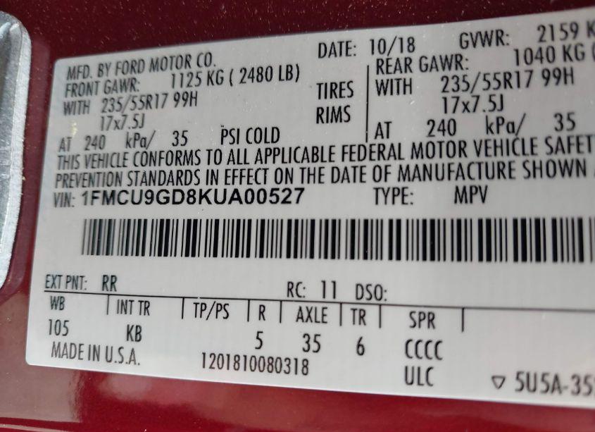 Photo 9 of 2019 Ford Escape SE (VIN 1FMCU9GD8KUA00527)