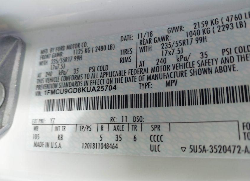 Photo 9 of 2019 Ford Escape SE (VIN 1FMCU9GD8KUA25704)