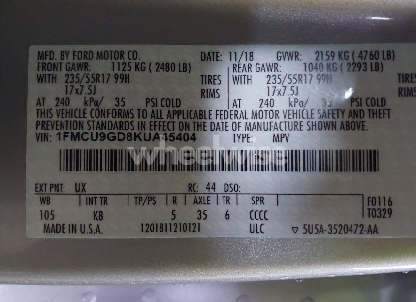 Photo 9 of 2019 Ford Escape SE (VIN 1FMCU9GD8KUA45404)