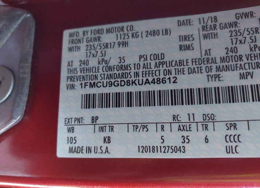 Photo 9 of 2019 Ford Escape SE (VIN 1FMCU9GD8KUA48612)