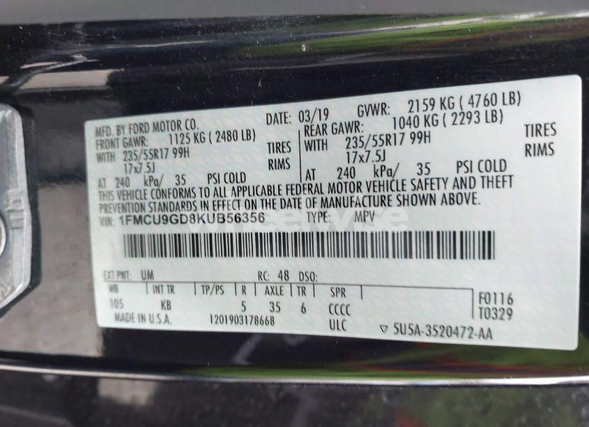 Photo 9 of 2019 Ford Escape SE (VIN 1FMCU9GD8KUB56356)