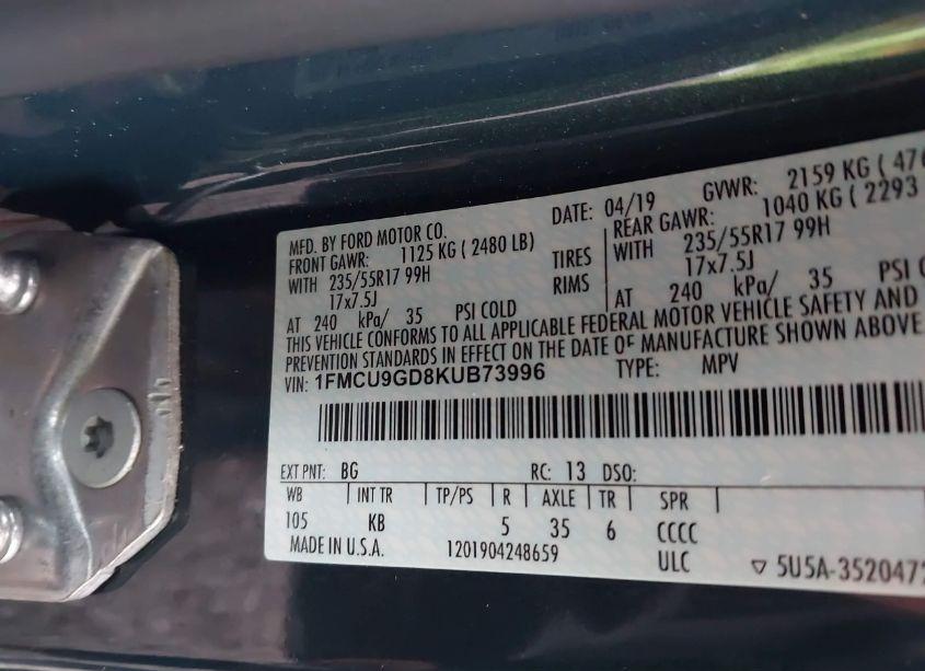 Photo 9 of 2019 Ford Escape SE (VIN 1FMCU9GD8KUB73996)