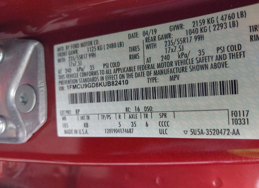 Photo 9 of 2019 Ford Escape SE (VIN 1FMCU9GD8KUB82410)