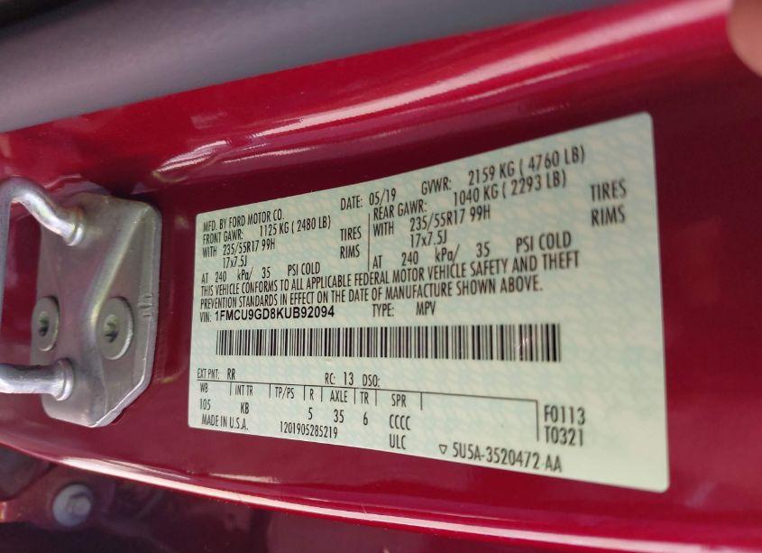 Photo 9 of 2019 Ford Escape SE (VIN 1FMCU9GD8KUB92094)