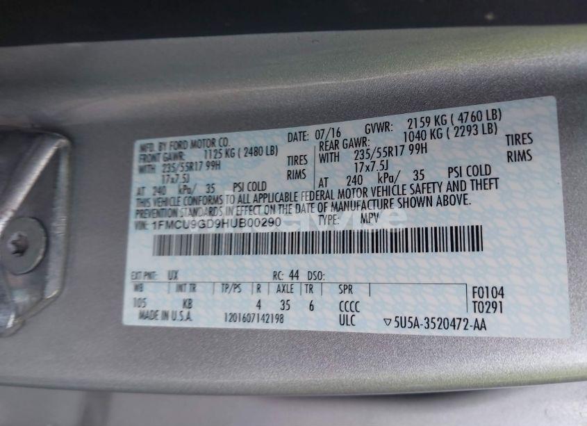 Photo 9 of 2017 Ford Escape SE (VIN 1FMCU9GD9HUB00290)