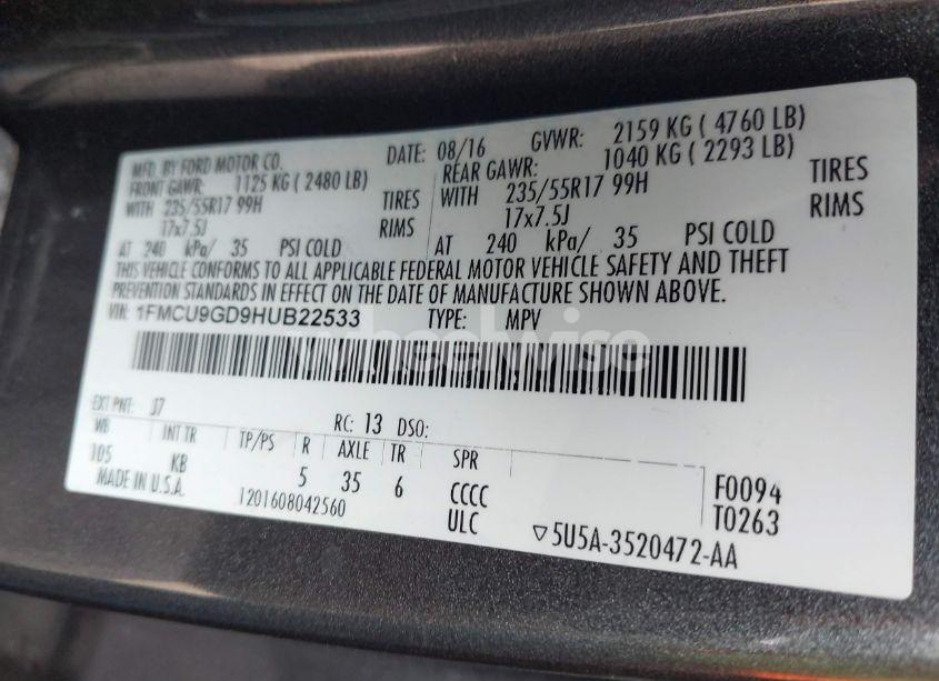 Photo 9 of 2017 Ford Escape SE (VIN 1FMCU9GD9HUB22533)