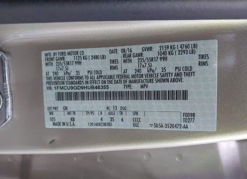 Photo 9 of 2017 Ford Escape SE (VIN 1FMCU9GD9HUB48355)