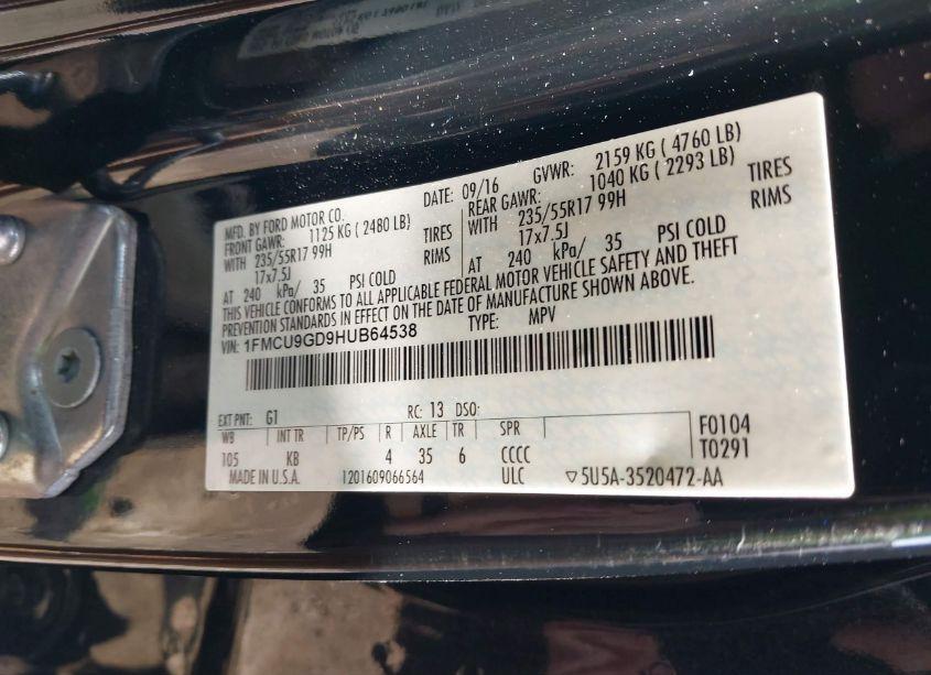 Photo 9 of 2017 Ford Escape SE (VIN 1FMCU9GD9HUB64538)