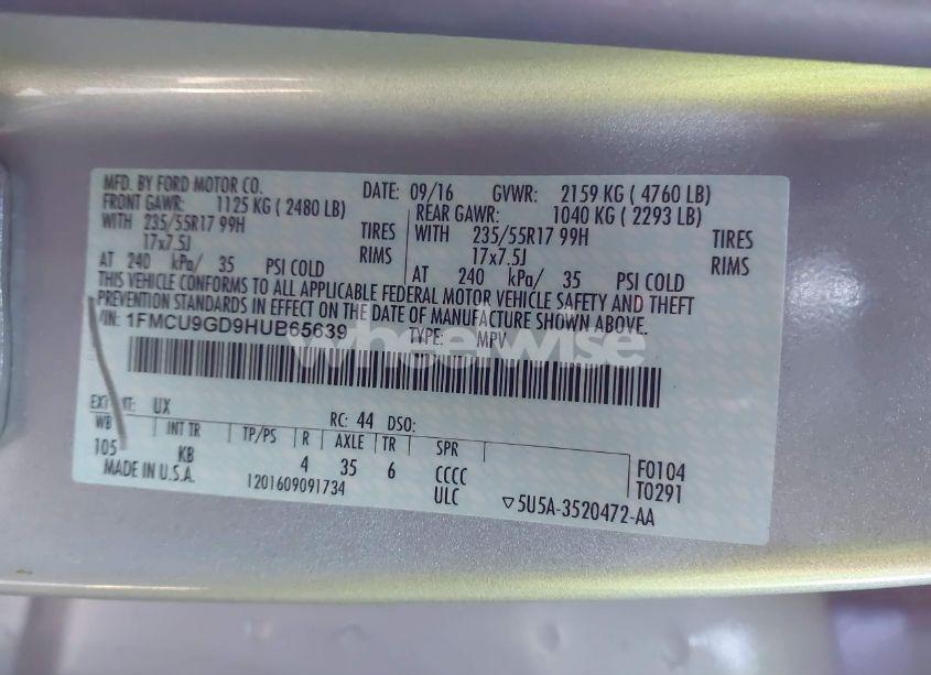 Photo 9 of 2017 Ford Escape SE (VIN 1FMCU9GD9HUB65639)