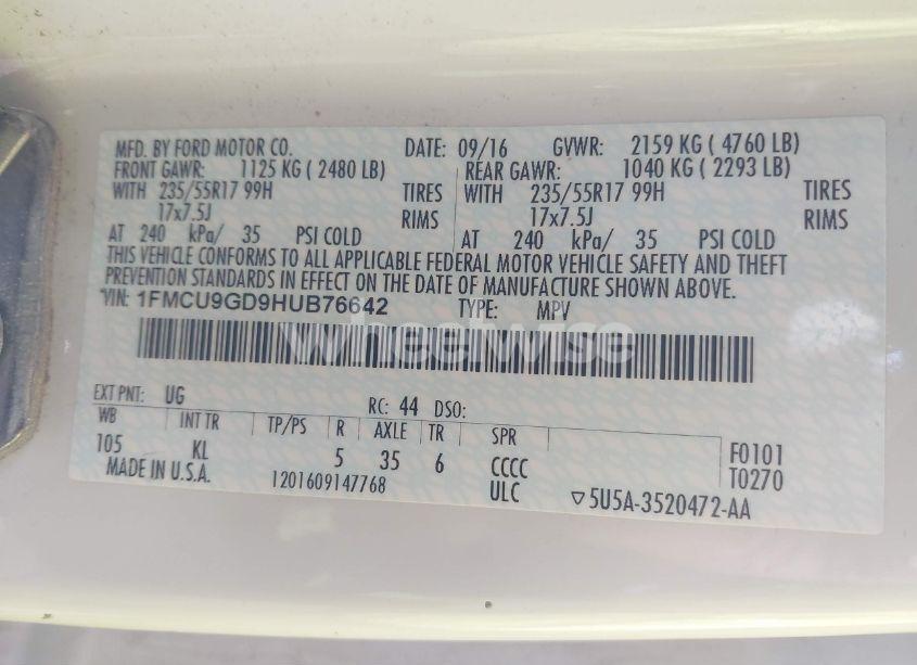 Photo 9 of 2017 Ford Escape SE (VIN 1FMCU9GD9HUB76642)