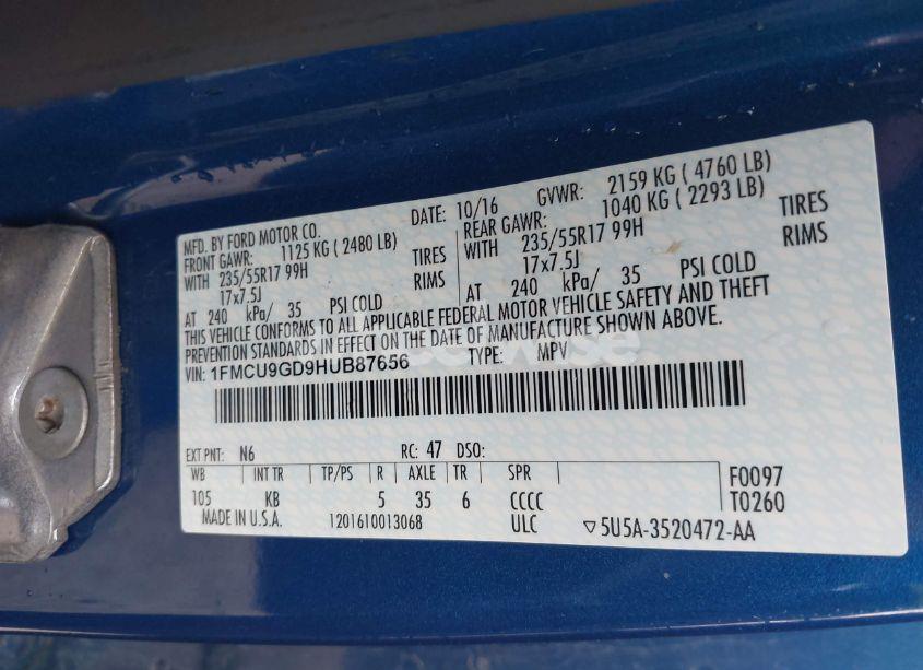 Photo 9 of 2017 Ford Escape SE (VIN 1FMCU9GD9HUB87656)