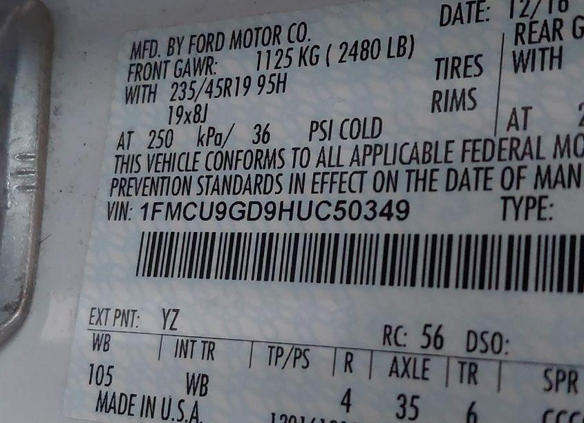 Photo 9 of 2017 Ford Escape SE (VIN 1FMCU9GD9HUC50349)