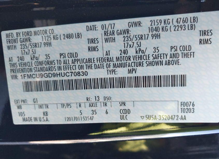 Photo 9 of 2017 Ford Escape SE (VIN 1FMCU9GD9HUC70830)