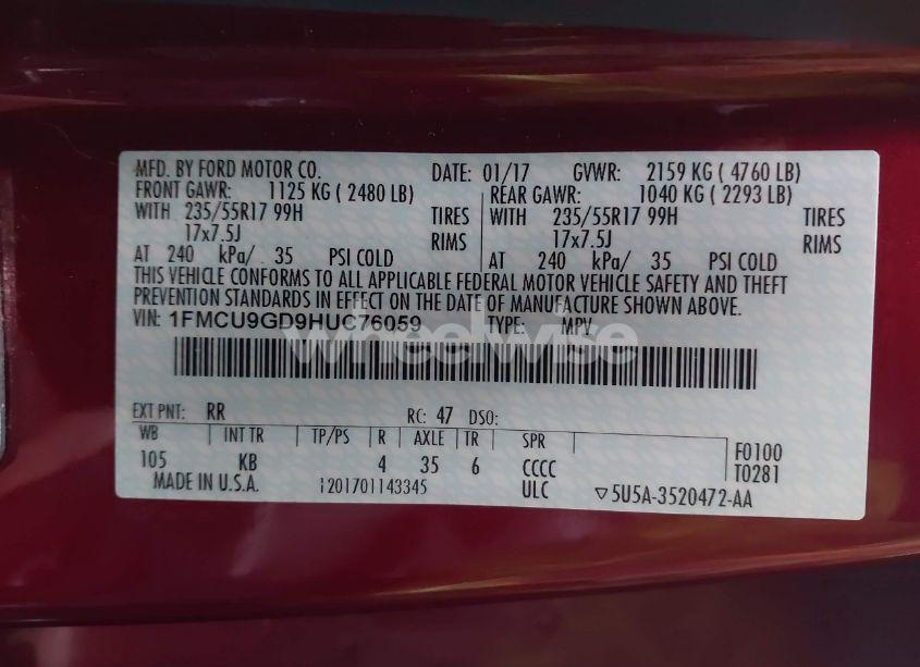 Photo 9 of 2017 Ford Escape SE (VIN 1FMCU9GD9HUC76059)