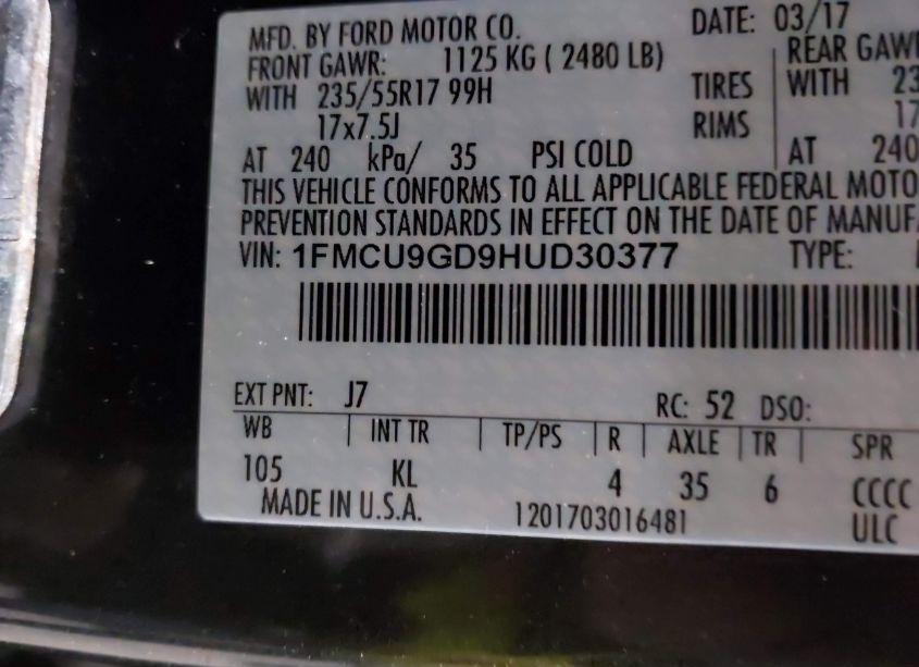 Photo 9 of 2017 Ford Escape SE (VIN 1FMCU9GD9HUD30377)